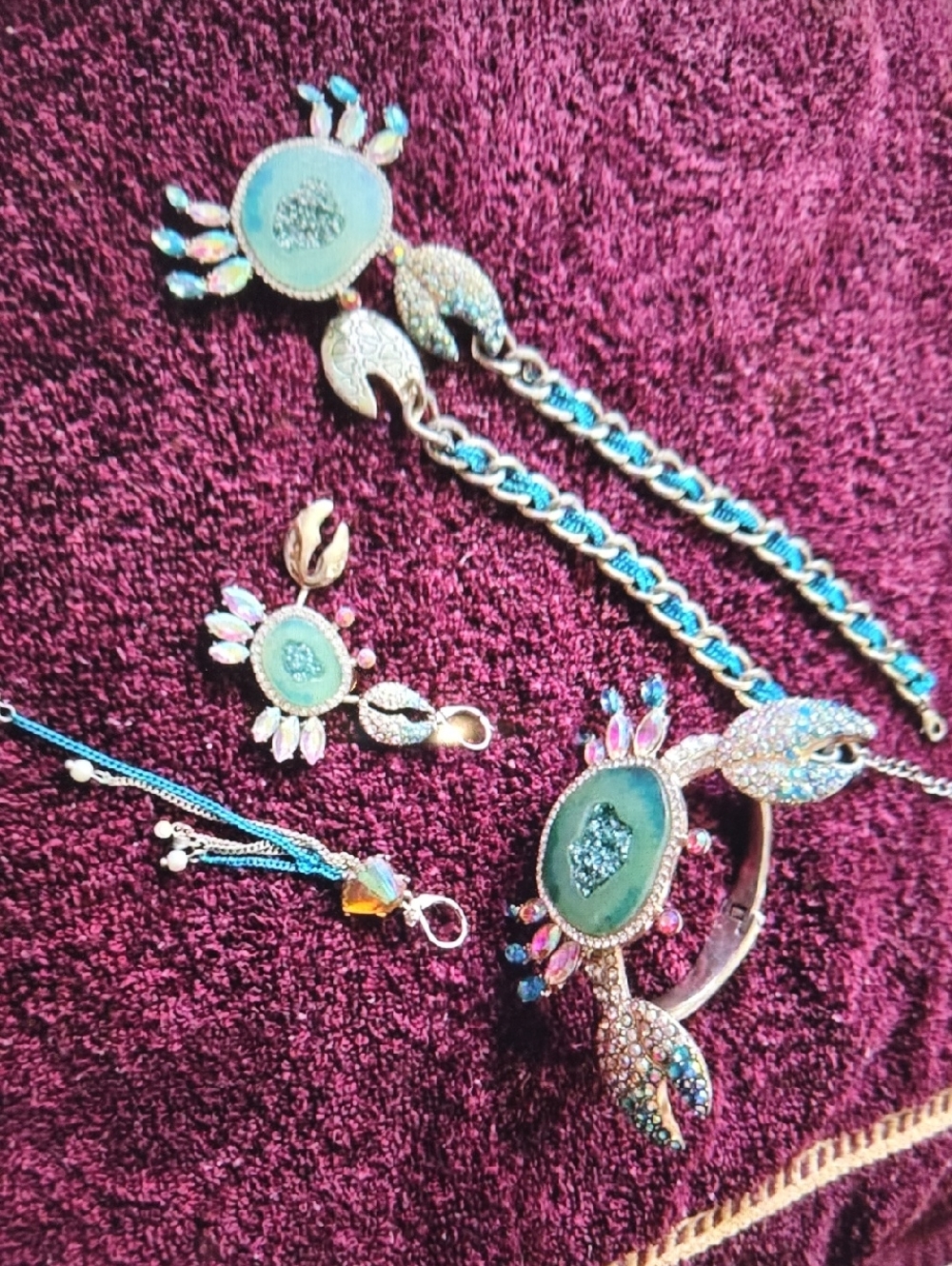 Betsey Johnson Vintage Teal and Gold Crystal Turtle Bracelet  Earrings Necklace